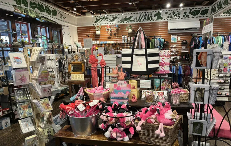 The gift shop at Everglades Wonder Gardens in Bonita Springs. They had me at the flamingo items. Who wouldn't want that umbrella? (Photo: Bonnie Gross)