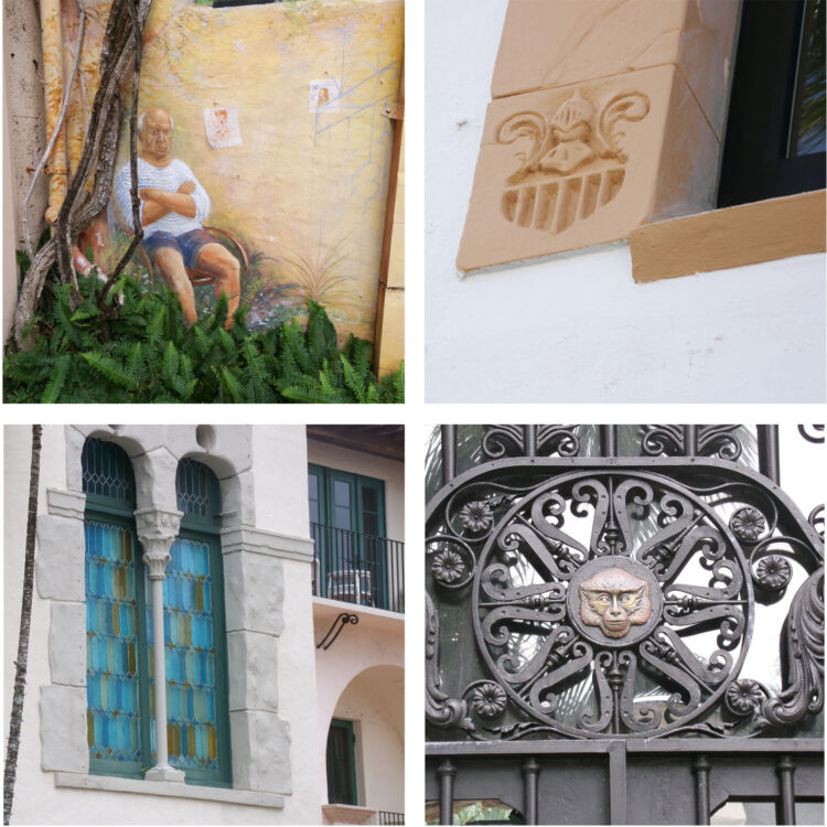There are wonderful details if you look closely on Worth Avenue. Top left: A mural of an unidentified scowling man in Via Amore. Top right: On Worth Avenue, the Maus and Hoffman store was originally a car dealership and the windows have logos of the brands carved into them. That's La Salle. Bottom left: A window on the eclectic Everglade Club, where there is said to be 22 window styles. Bottom right: An image of a money is on the gate of Mizner's apartment. (Photo: David Blasco)