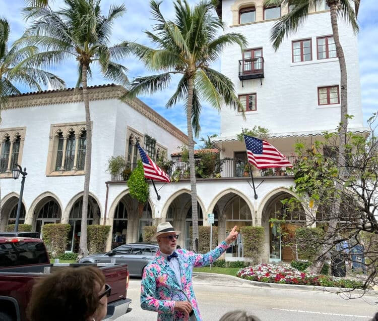 On Worth Avenue, you'll find gossip and gorgeous scenes in Palm Beach walking tour 3 Tour guide Rick Rose in front of Mizner's home, which has a five-story tower. Inside, there is 15th century carved wooden paneling that he was given in Spain when he was honored there. (Photo: Bonnie Gross)
